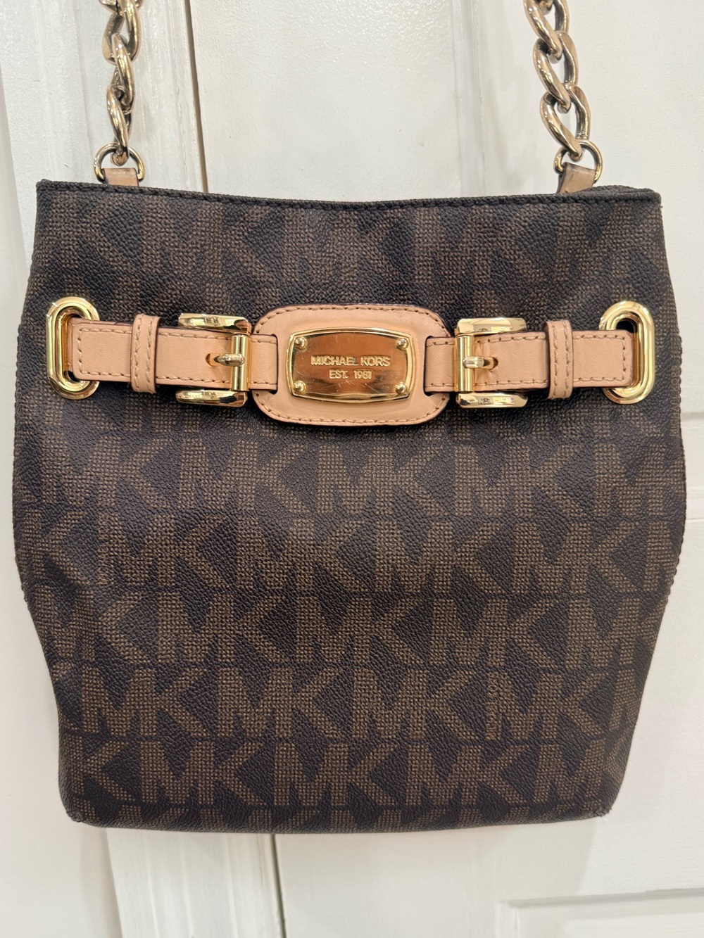 Michael Kors Dark Brown & Tan Logo Crossbody Bag with Gold Hardware